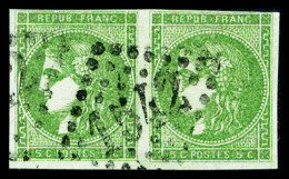 O N°42B, 5c Vert Rep 2 En Paire Obl GC 1542, TB (signé Scheller)   Qualité: O   Cote: 450 Euros - 1870 Bordeaux Printing