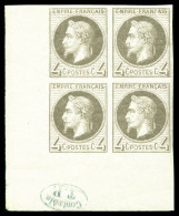 ** N°27Bf, Rothschild, 4c Gris Non Dentelé En Bloc De Quatre (2ex) Coin De Feuille Avec Cachet De... - 1863-1870 Napoléon III Con Laureles