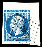 O N°14A, 20c Bleu Type I Coin De Feuille, Obl PC '1925' Legère, Pièce Choisie, SUP (signé... - 1853-1860 Napoléon III