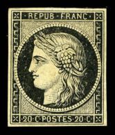 * N°3h, (N° Maury) 20c Noir Sur Teinté, Jolie Pièce TTB (signé Calves/certificat)  ... - 1849-1850 Cérès