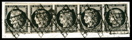 O N°3, 20c Noir Sur Jaune En Bande Horizontale De Cinq Sur Son Support, Très Jolie Pièce... - 1849-1850 Cérès