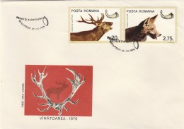 #BV3592  HUNTING, GAME ANIMALS,STAG, DEER, FOX, COVERS FDC, 1976, ROMANIA. - FDC