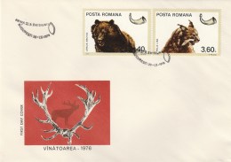 #BV3593  HUNTING, GAME ANIMALS,STAG, DEER, BEAR, MOUNTAN LION, COVERS FDC, 1976, ROMANIA. - FDC