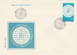 #BV3595 INTERNATIONAL HISTORICAL SCIENCE CONGRESS, GLOBE, COVERS FDC, 1980, ROMANIA. - FDC