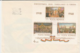 #T241  TRANSILVANIAN UNIFICATION, HISTORY, PAINTINGS, COVERS FDC, UNPENETRATED, BLOCK, 1968, ROMANIA. - FDC