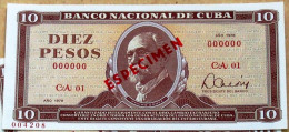 Cuba, Billete De 1978, (10) DIEZ PESOS SPECIMEN, Gem-UNC. Primeros Años De La Revolución Cubana. - Cuba