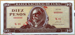 Cuba DIEZ PESOS 1968, SPECIMEN, Billete Gem-UNC. Primera Década De La Revolución Cubana. - Kuba