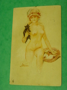 CARTE POSTALE ILLUSTRATEUR  S.MEUNIER-OHE CUPIDON  SERIE 60-FEMME AUX SEINS NUS AVEC CHAT NOIR DANS LES BRAS - Meunier, S.