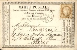 FRANCE - Carte Précurseur De Clairvaux Pour Paris En 1875, Affranchissement Cérès - A Voir - L  3687 - Precursor Cards