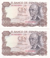 PAREJA CORRELATIVA DE 100 PTAS DEL AÑO 1970 SERIE 9C (SERIE SUSTITUCION) (SIN CIRCULAR-UNCIRCULATED)(BANK NOTE) - 100 Peseten