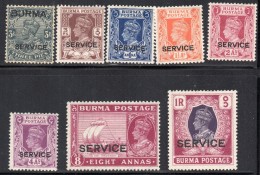 BURMA 1937, 1946 /MH/ SC# O1, O28, O31-O34. O38-O39 / KING GEORGE VI - Birmanie (...-1947)