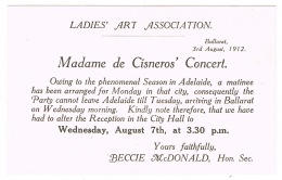 RB 1118 - 1912 Madame De Cisnero's Concert - Ballarat Victoria Australia - Ladies Art Association Announcement Ephemera - Andere & Zonder Classificatie