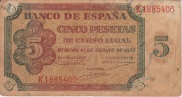 BILLETE DE ESPAÑA DE 5 PTAS DE BURGOS DEL AÑO 1938  (BANKNOTE) (agujeros) - 5 Peseten