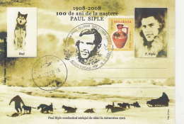 50110- PAUL SIPLE ANTARCTIC EXPEDITION, DOGS, SPECIAL POSTCARD, 2008, ROMANIA - Antarctic Expeditions