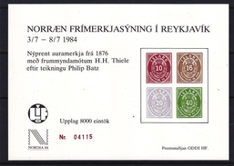Islande - Yvert BF De 1984 - Exposition Nordia - Tirage 8000 - Reproduction Des Timbres De 1876 - Blocks & Kleinbögen