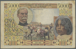 Madagascar: 5000 Francs 1950, P. 49a With A Number Of Pinholes At Left, Several Folds And Stains And Tiny Tears At... - Madagaskar