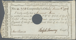 USA: Connecticut 2 Pounds 1790 Payment Certificate With Large Cancellation Hole At Center, Some Minor Folds And... - Andere & Zonder Classificatie