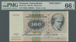 Denmark: 100 Kroner ND(1994-98) Specimen P. 54s, With Zero Serial Numbers, PMG Graded 66 GEM UNC EPQ. (R) - Denemarken