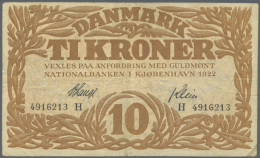 Denmark: 10 Kroner 1922 P. 21n, Rarer Early Date With Vertical And Horizontal Folds, No Holes But 2 Very Tiny... - Denemarken