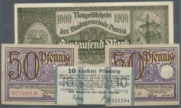 Danzig: Set With 4 Banknotes 1916-1923 Containing 10 Pfennig 1916, 2 X 50 Pfennig 1919 And 1000 Mark 1923, P.11,... - Andere & Zonder Classificatie