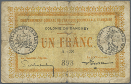 Dahomey: Very Rare Banknote Of Colonie Du Dahomey 1 Franc ND(1917) P. 2a In Used Condition With Stain In Paper And... - Andere & Zonder Classificatie