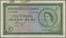 Cyprus: Pair With 1 And 5 Pounds 1955, P.35, 36, Both In Well Worn Condition. 1 Pound With Staining Paper, Several... - Cyprus