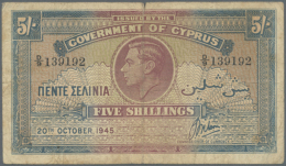 Cyprus: 5 Shillings 1945, P.22 In Used Condition With Several Folds, Staining Paper And Small Tear At Upper Margin.... - Cyprus