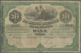 Cuba: 10 Pesos 1877 P. 12, Rarely Offered Issue With 3 Vertical And 3 Horizontal Folds, Creases, Staining, Minor... - Cuba