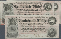 Confederate States: Set With 3 Notes 500 Dollars 1864, P.73b In Excellent Condition With A Few Soft Folds, Tiny... - Valuta Van De Bondsstaat (1861-1864)