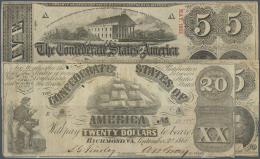 Confederate States: Set With 4 Banknotes Containing 20 Dollars 1861 P.31a And 3 X 5 Dollars Dated April 1863, May... - Valuta Van De Bondsstaat (1861-1864)