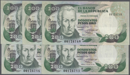 Colombia: Set Of 5 REPLACEMENT Notes 200 Pesos 1987, 4 Of Them Consecutive Numbers From 00124750*-00124753* And One... - Colombia