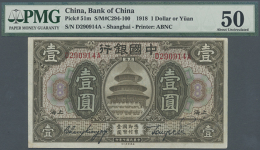 China: Bank Of China 1 Yuan 1918 P. 51m, PMG Graded 50 About UNC. (D) - China