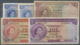 Ceylon: Set With 5 Banknotes Including 1 Rupee 1952 And 1954, 2 Rupees 1954, 5 Rupees 1952 And 1954, P.49, 50, 51... - Sri Lanka