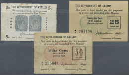 Ceylon: Set With 3 Banknotes Of The Fractional Issue Containing 5, 25 And 50 Cents, P.40, 41 And 42a. 5 And 50... - Sri Lanka