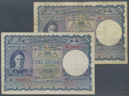 Ceylon: Pair With 10 Rupees 1943 And 10 Rupees 1944, P.36A. Both With Several Stains And Folds, Tiny Tears And... - Sri Lanka