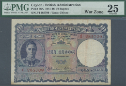 Ceylon: 10 Rupees December 20th 1941, P.36A In Used Condition With Several Folds And Stains. PMG Graded 25 Very... - Sri Lanka