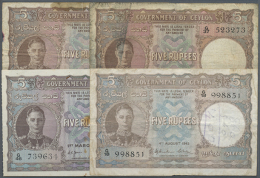 Ceylon: Set With 4 Notes 5 Rupees 1941, 1943, 1946 And 1949, P.36 In Different Used Conditions From Well Worn Upt... - Sri Lanka