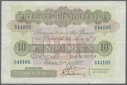 Ceylon: 10 Rupees July 24th 1937, P.25, Very Nice Looking Note With Crisp Paper And Bright Colors, Some Folds And... - Sri Lanka