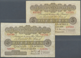 Ceylon: Pair With 5 Rupees 1929 And 5 Rupees 1930, P.23a,b. Both Notes In Used Condition, 1930's Issue With Tiny... - Sri Lanka