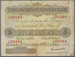 Ceylon: 5 Rupees September 1st 1928, P.22 In Used Condition With Staining Paper, Tiny Tears At Upper And Lower... - Sri Lanka