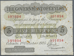 Ceylon: 5 Rupees October 1st 1925, P.22, Several Rusty Stains And Folds On The Note But Still Nice Looking.... - Sri Lanka