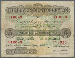 Ceylon: 5 Rupees December 1st 1925, P.22 In Well Worn Condition With A Number Small Tears Along The Borders, Stains... - Sri Lanka