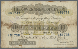 Ceylon: 10 Rupees October 1st 1925, P.12c In Used Condition With A Number Of Brownish Stains Along The Borders,... - Sri Lanka