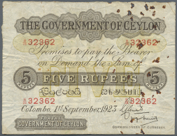 Ceylon: 5 Rupees September 1st 1923, P.11c In Well Worn Condition With Several Rusty Holes At Right Part Of The... - Sri Lanka