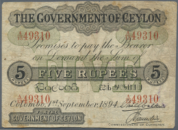 Ceylon: 5 Rupees 1894, P.11a, Highly Rare And Seldom Offered Banknote In Used Condition With Staining Paper,... - Sri Lanka