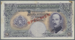 Bulgaria: 250 Leva 1929 SPECIMEN P. 51s, Rare Note With Red Specimen Overprint, Zero Serial Numbers And Bank... - Bulgarije