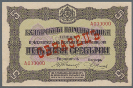 Bulgaria: 5 Leva ND(1917) SPECIMEN P. 21as, Rare Note With Red Specimen Overprint On Front, Zero Serial Numbers, In... - Bulgarije