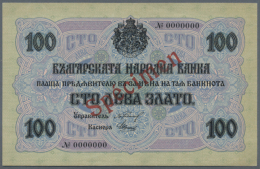 Bulgaria: 100 Leva Zlato ND(1916) SPECIMEN P. 20s, Rare Note With Red Specimen Overprint On Front And Back, Zero... - Bulgaria