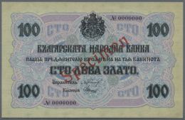 Bulgaria: 100 Leva Zlato ND(1916) SPECIMEN P. 20s, Rare Note With Red Specimen Overprint On Front And Back, Zero... - Bulgarie