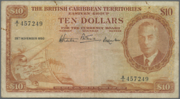 British Caribbean Territories: 10 Dollars 1950 P. 4, More Rare Issue, Used With Several Folds And Stain In Paper, A... - East Carribeans